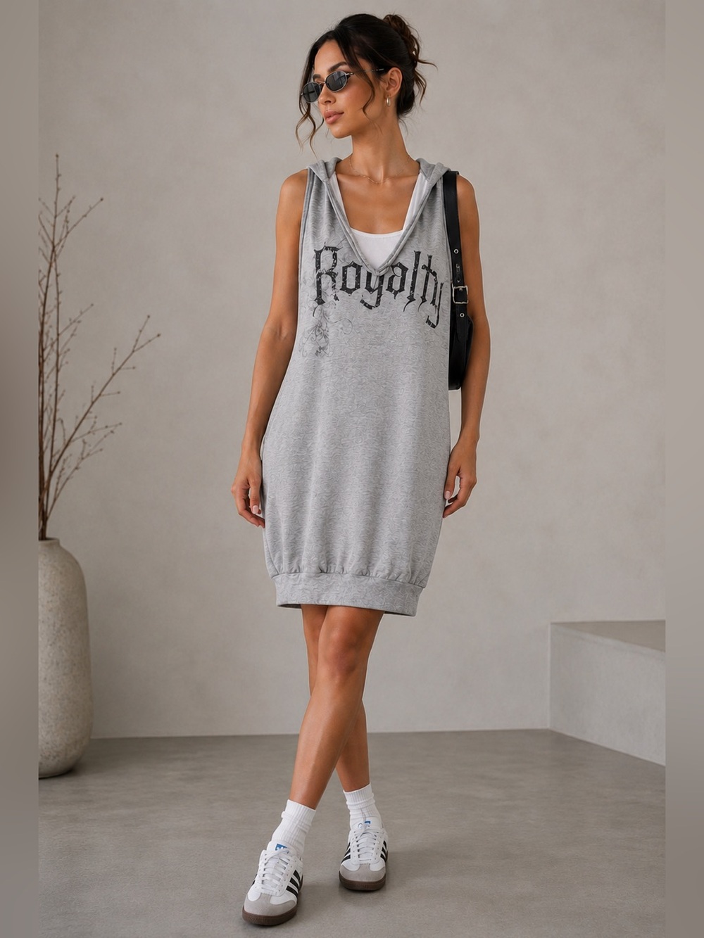 Cotton Bubble Hem V-Neck Hoodie Dress